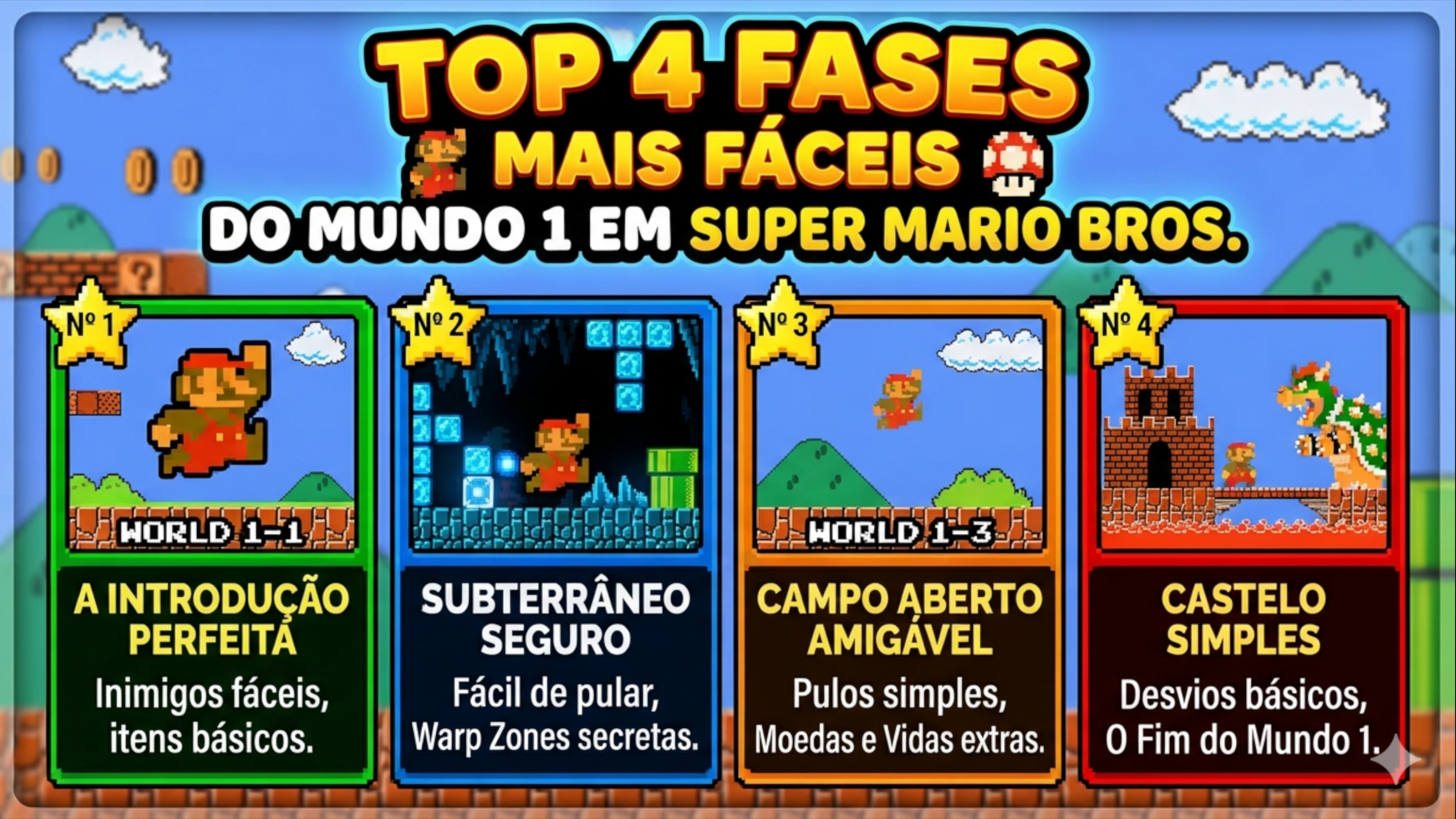 Top 4 Fases Mais Fáceis do Mundo 1 em Super Mario Bros.